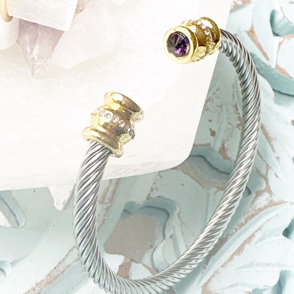 Birthstone statement silver and gold cable cuff bracelet cubic zirconia luxury - Picture 1 of 5